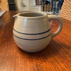 Handcrafted Small Stoneware Pitcher with Blue Stripes